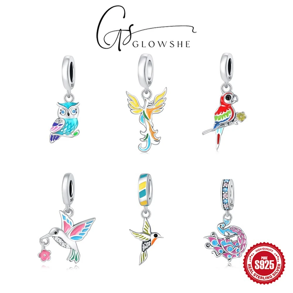 

Glowshe 100% 925 Sterling Silver Zircon Parrot & Bird Charms Bracelet Necklace DIY Pendant Women's Fine Jewelry Accessories Gift