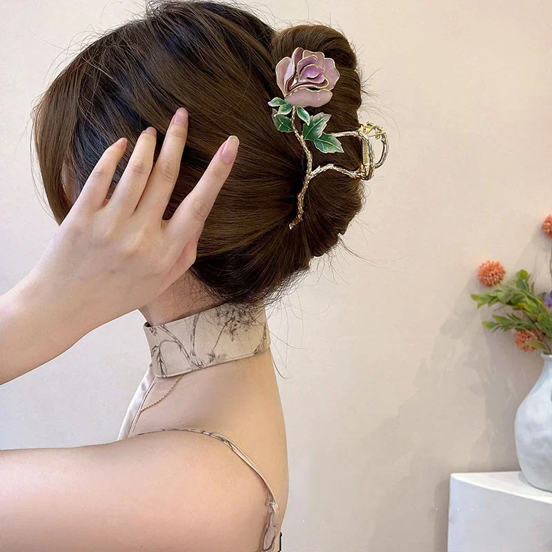 

Rose Flower Hair Clip Women's Back Of The Head Temperament Hair Clip Exquisite Chinese Style Shark Clip Fashion Headwear