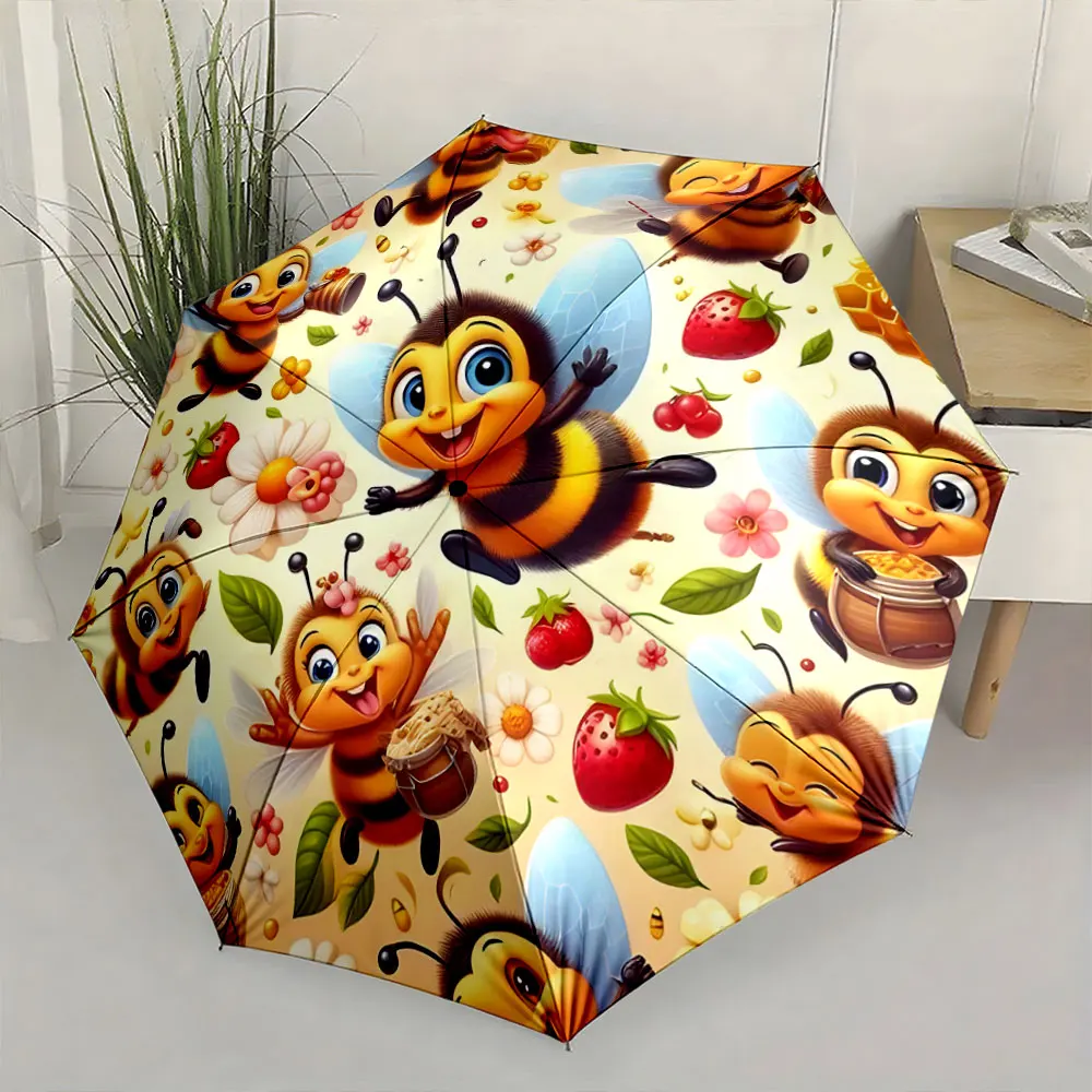 1PC Cheerful Bees and Berries Decorate Colorful Umbrella Design Print 8 Iron Ribs Folding Umbrella Auto-Open Fashion Sunshade