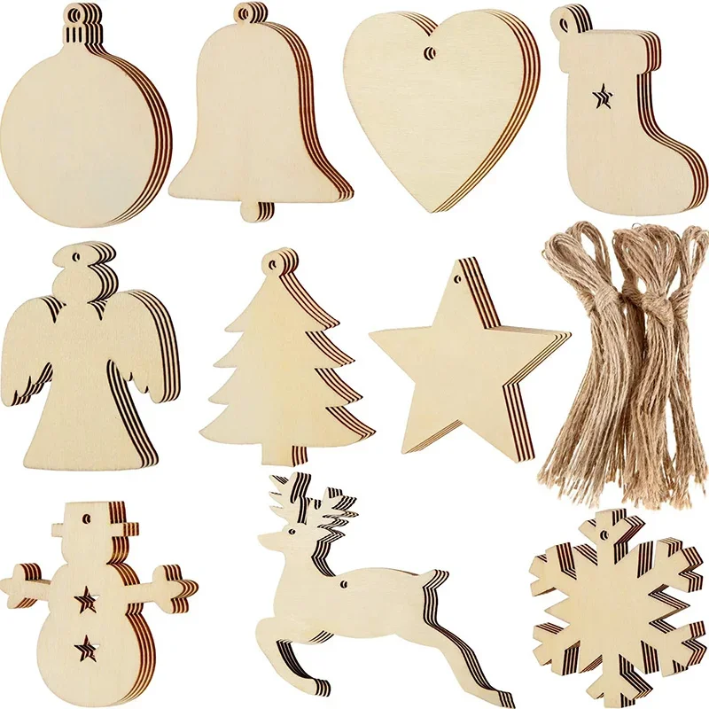 10Pcs Wooden Christmas Ornaments Unfinished Wood Slices with Holes Wooden Blanks Pendants for Kid DIY Craft Christmas Tree Decor