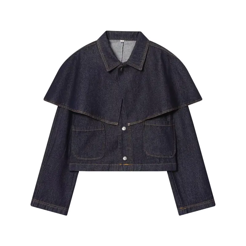 Autumn 2025 Women's Fashion Loose Versatile Denim Cloak Coat Long Sleeve Short Length Button Closure Ladies' Outerwear
