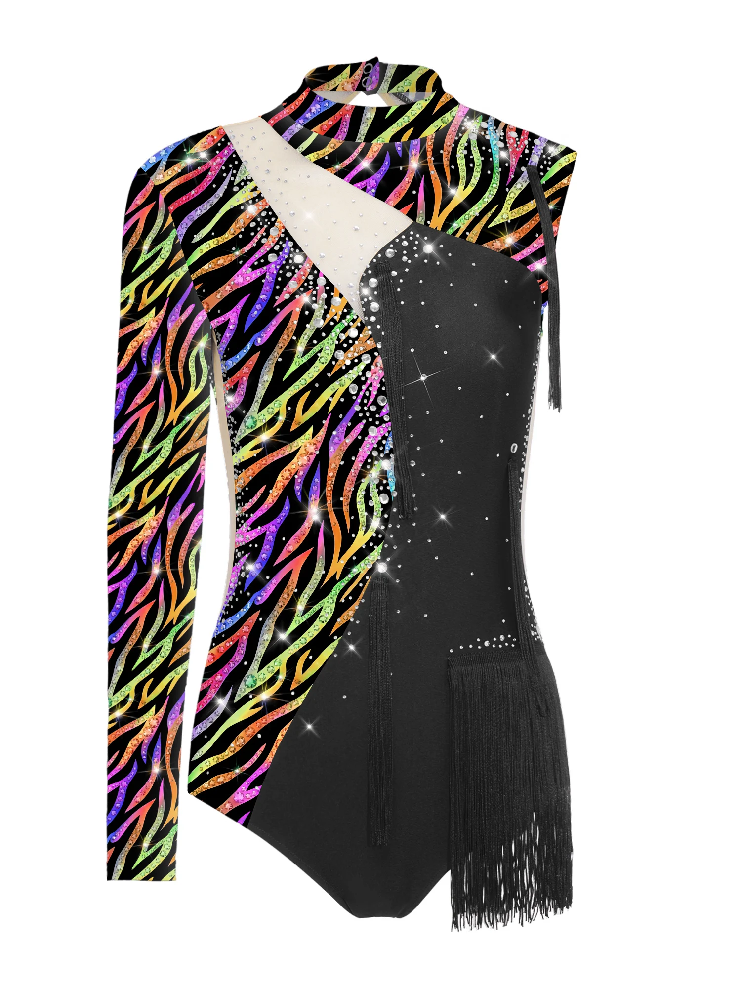 Women Gymnastics Latin Dance Bodysuit Single Long Sleeve Rhinestones Tassel Leotard Sparkly Stretchy for Gymnastics Stage