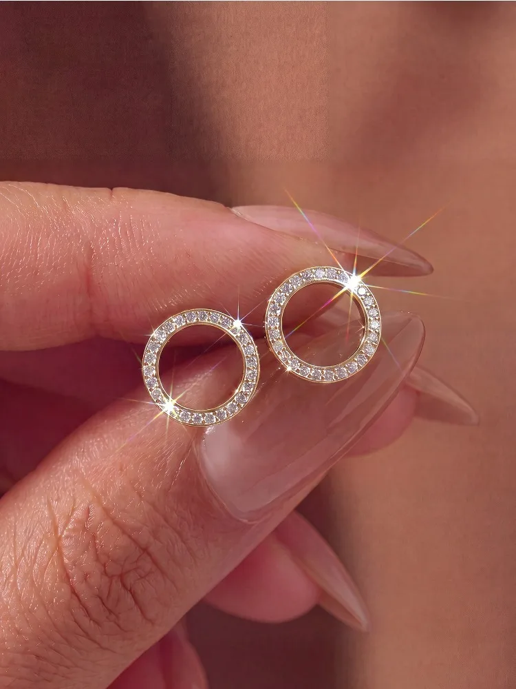 Simply Classic Shiny Circular Zircon Stud Earrings For Women Anniversary Engagement Party Wedding Gift Daily Wear Trendy Jewelry