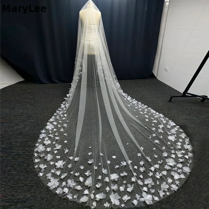 

Свадебная фата с разбросанными цветами из органзы, 1 слой, мягкая фата из тюля, соборная фата Velo De Novia Largo, свадебные аксессуары по индивидуальному заказу