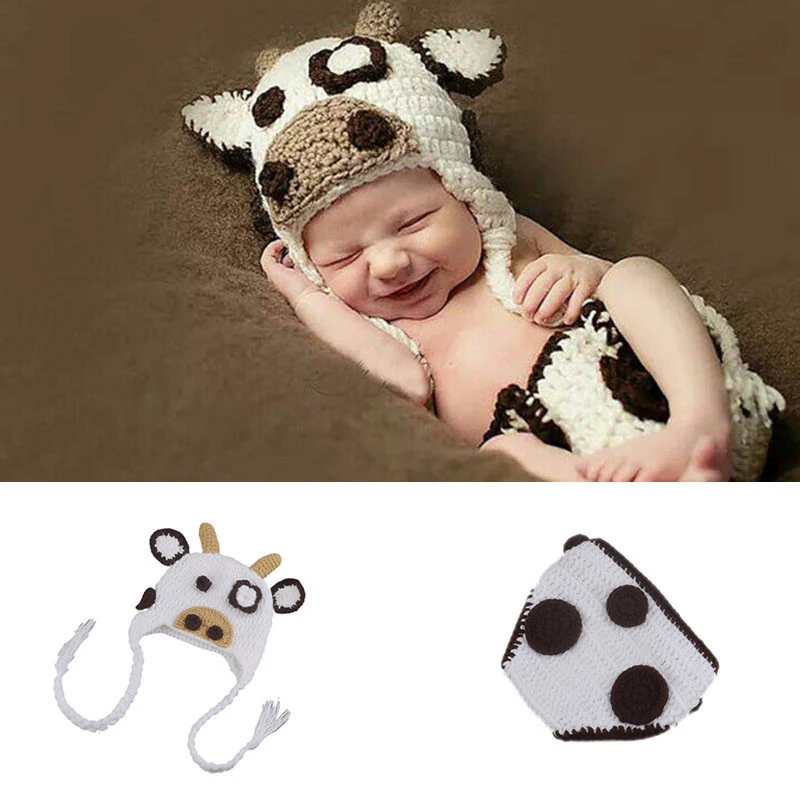 Animal Theme Milk Cow Shape 0-3 Months Newborn Baby Photography Clothing Handmade Crochet Knitted