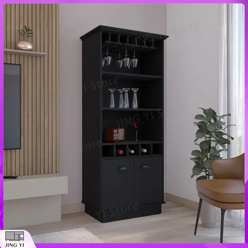 70 Inch Black Wine Cooler Cabinet with Glass Door Upper Cabinet Open Storage Racks Adjustable Shelves Temperature Control
