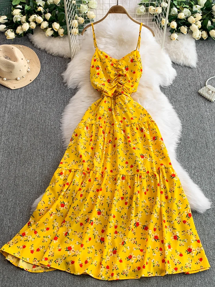 Boho mujer verano elegante estampado floral plisado maxi vestido largo casual sexy correa de espagueti vestido de fiesta elegante túnica vestidos de playa