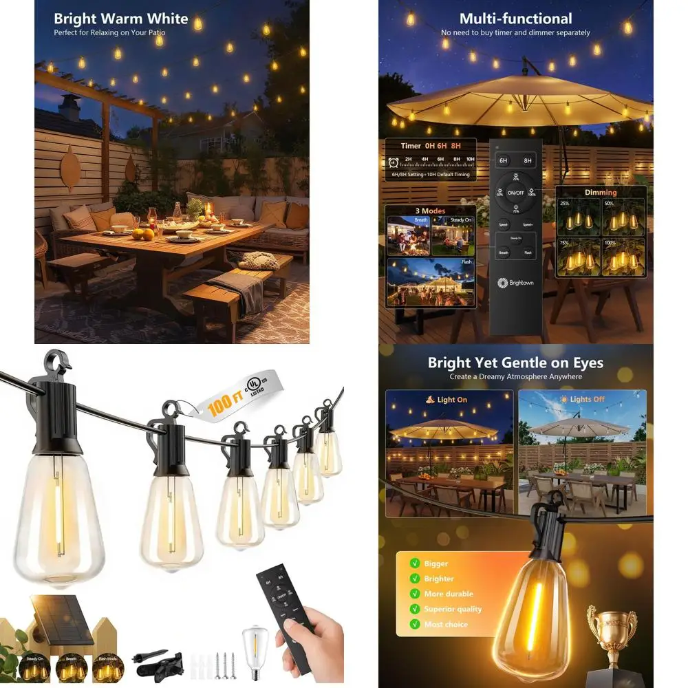 

Outdoor Waterproof 100FT Solar String Lights with Remote, 31 LED Bulbs, Dimmable, Timer, 3 Light Modes for Garden and Party Deco