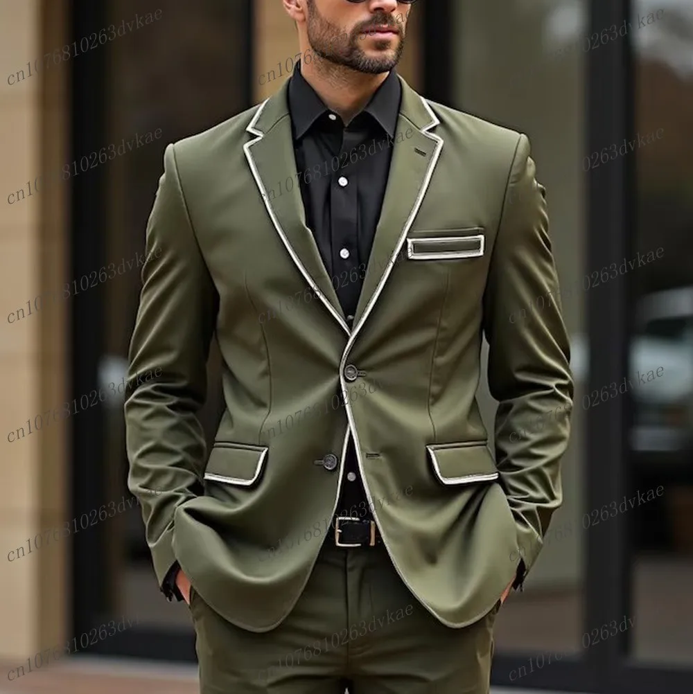 

New Army Green And White Men Suit Groom Groomsman Wedding Party Prom Business Formal Male Tuxedos 2 Piece Set Blazer Pants