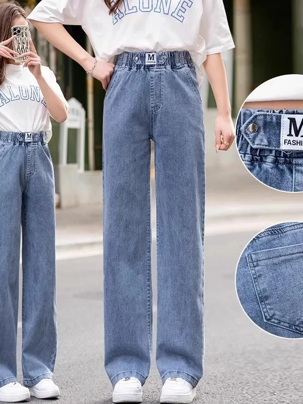 Jean en Denim fin taille haute pour femme, pantalon court à jambes droites, décontracté, taille élastique, jambes larges, effet amincissant, été