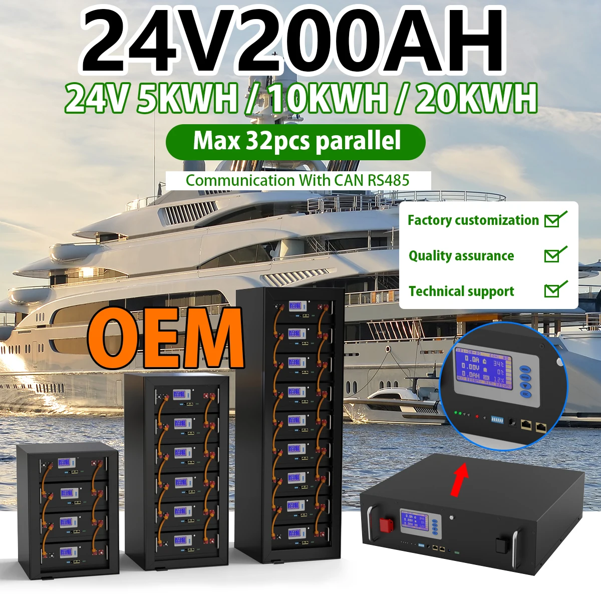 

24V 200Ah LiFePO4 Battery Pack 25.6V 5KW Max 32 Parallel CAN RS485 6000Cycle Communication Protocol Lithium Solar Batteri No Tax