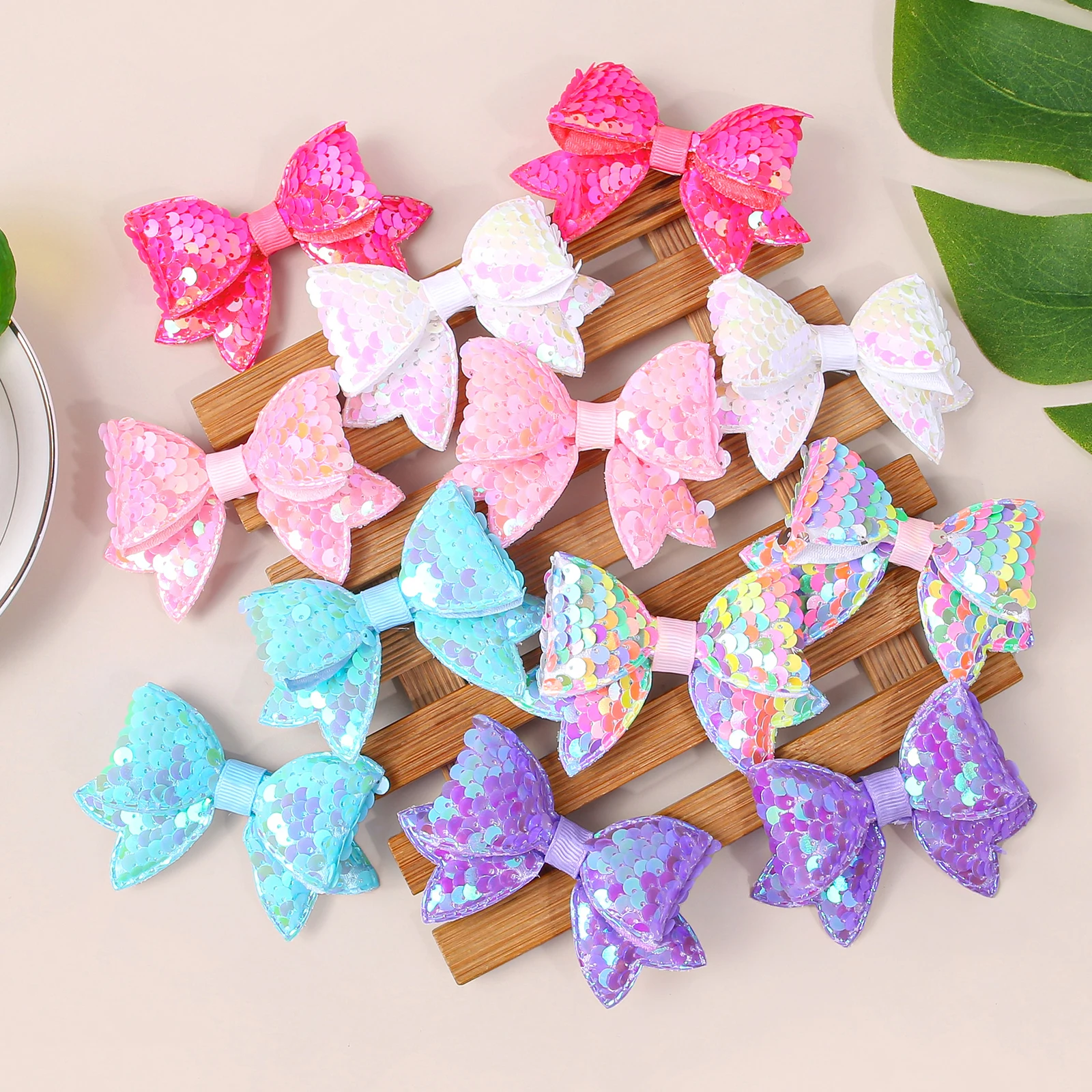 

6/12pcs Sequin Glitter Gradient Color Double Bow Barrettes For Kids Fashion Cute Hair Clips For Girls Women Hair Accessories