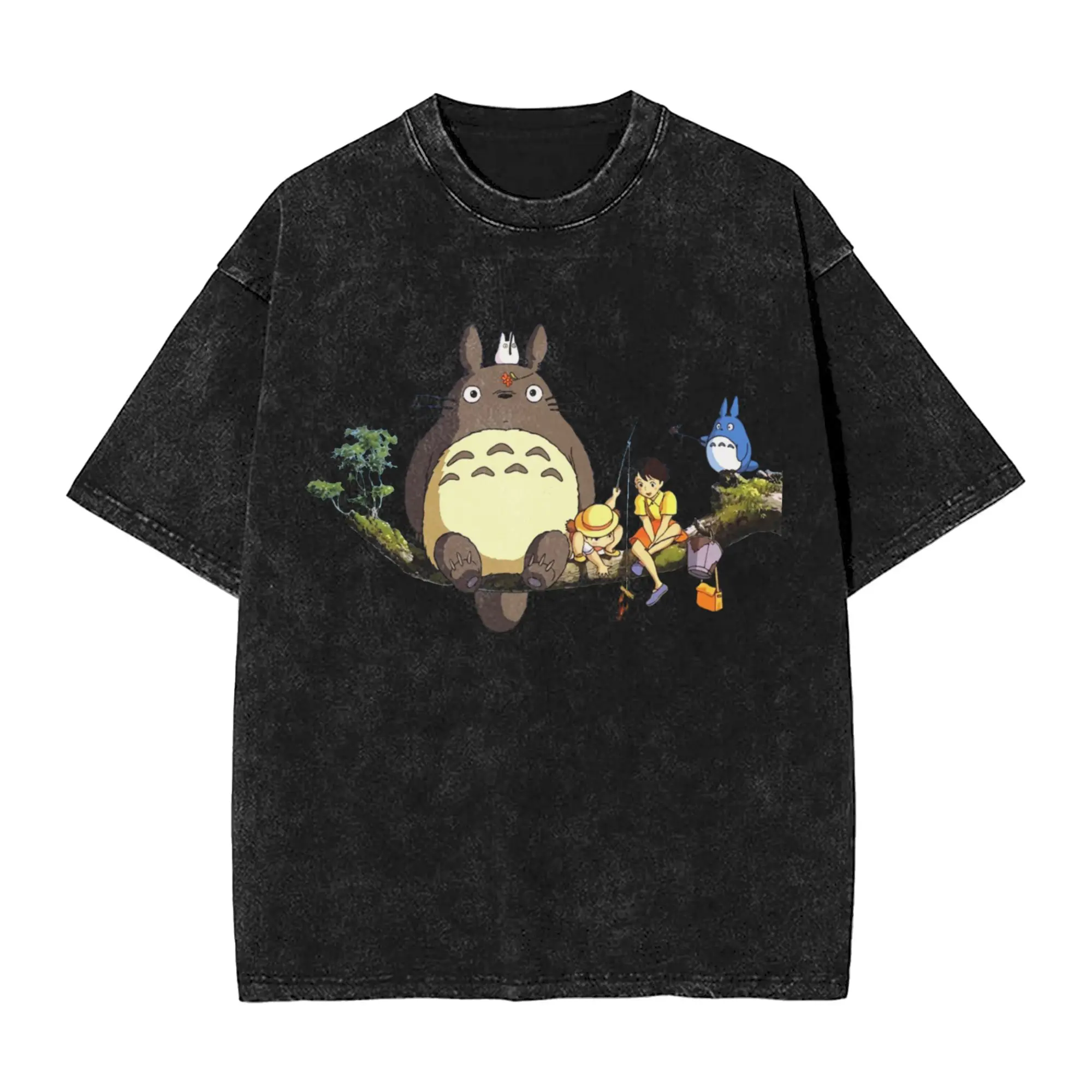 Totoro-Miyazaki Anime T Shirts Hip Hop Washed 100% Cotton Harajuku T-Shirts  Retro Men Women Tops Streetwear Summer Tee Shirt view 5