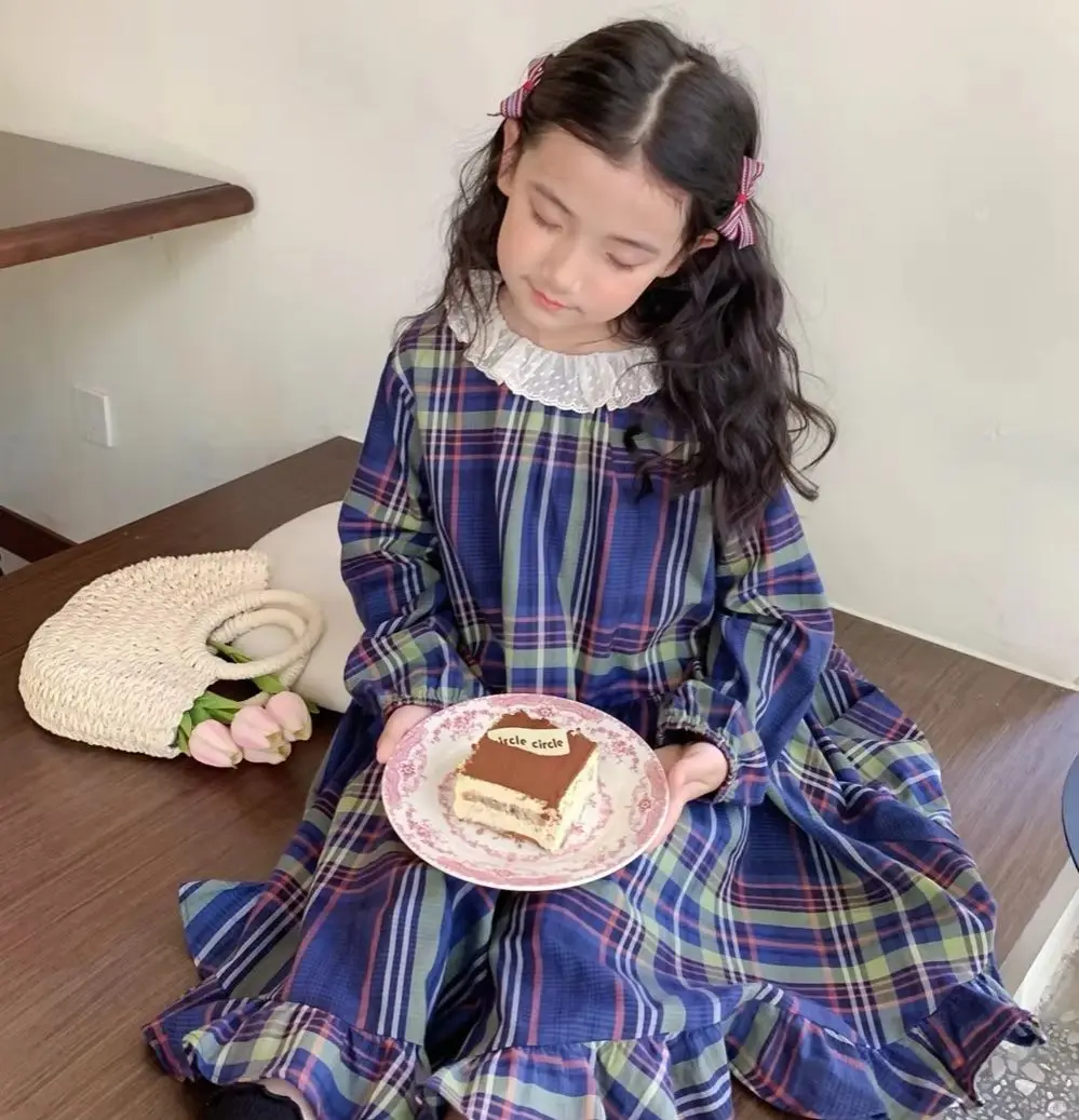 

spring kids girls clothes baby dresses French-style plaid-patterned long-sleeved girls dress sweet lace collar dress