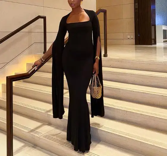 

2025 Autumn/Winter New Women's Fashion Elegant Square Collar Split Long Sleeve Solid Color Waist Dress Women's Wear