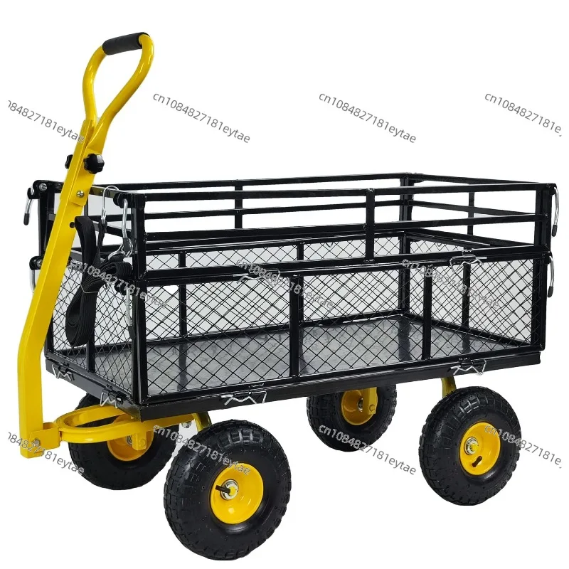 Double-layer Folding Side Gear Four-wheel Garden Trolley Heavy Duty Durable Steel Mesh Handling Traction Medium Mesh Trailer