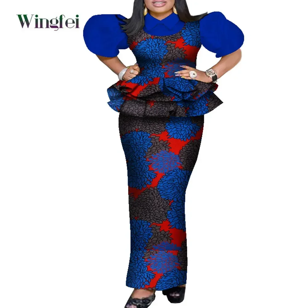 African Clothes for Women Fashion 2 Pieces Set Floral Print Pleat Top and Robe Skrit Dashiki Party Outfit Puff Sleeve WY8053