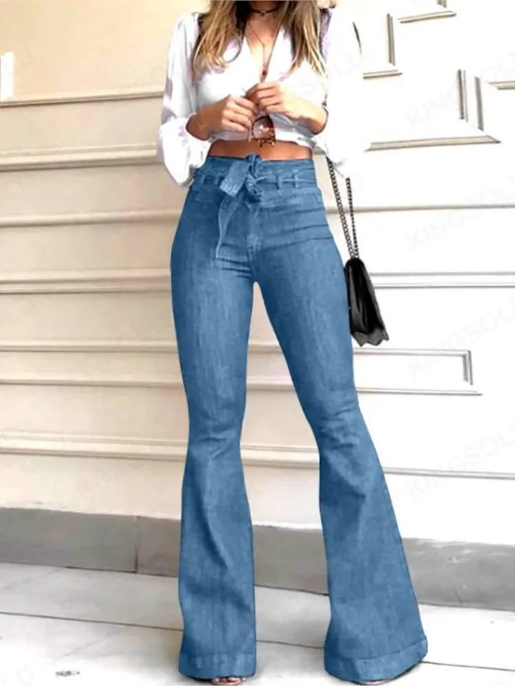 

Женские джинсовые брюки-клеш, модные длинные брюки на шнуровке с высокой талией для женщин, повседневная праздничная уличная одежда, женская одежда, весна-осень