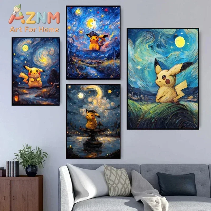 AZNM Pikachu Pokemon Starry Night Van Gogh Style Canvas Wall Art, Unframed Canvas Print Poster for Bedroom Living Room Decor