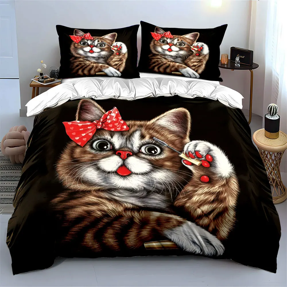 Cat with red bow applying makeup Bedding Set for Kids Luxury Gift 3pcs Digital Print Comforter Set Soft Comfortable Breathable