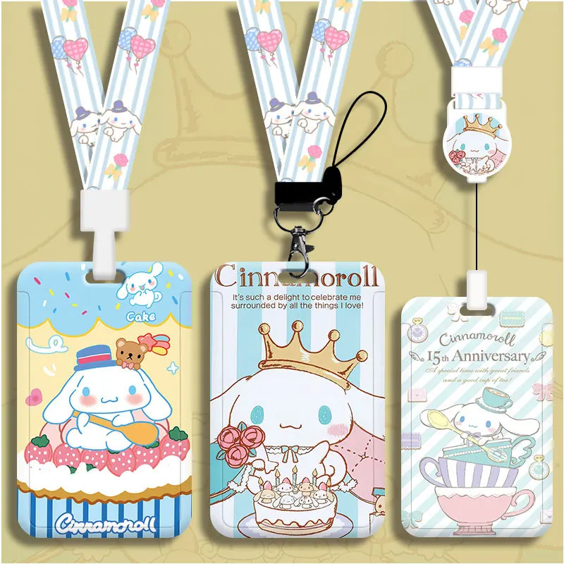 

Kawaii Cinnamoroll Card Holder Telescopic Neck Holder ID Set Access Control Hard Meal Card Work Badge Customized Gift for Girls
