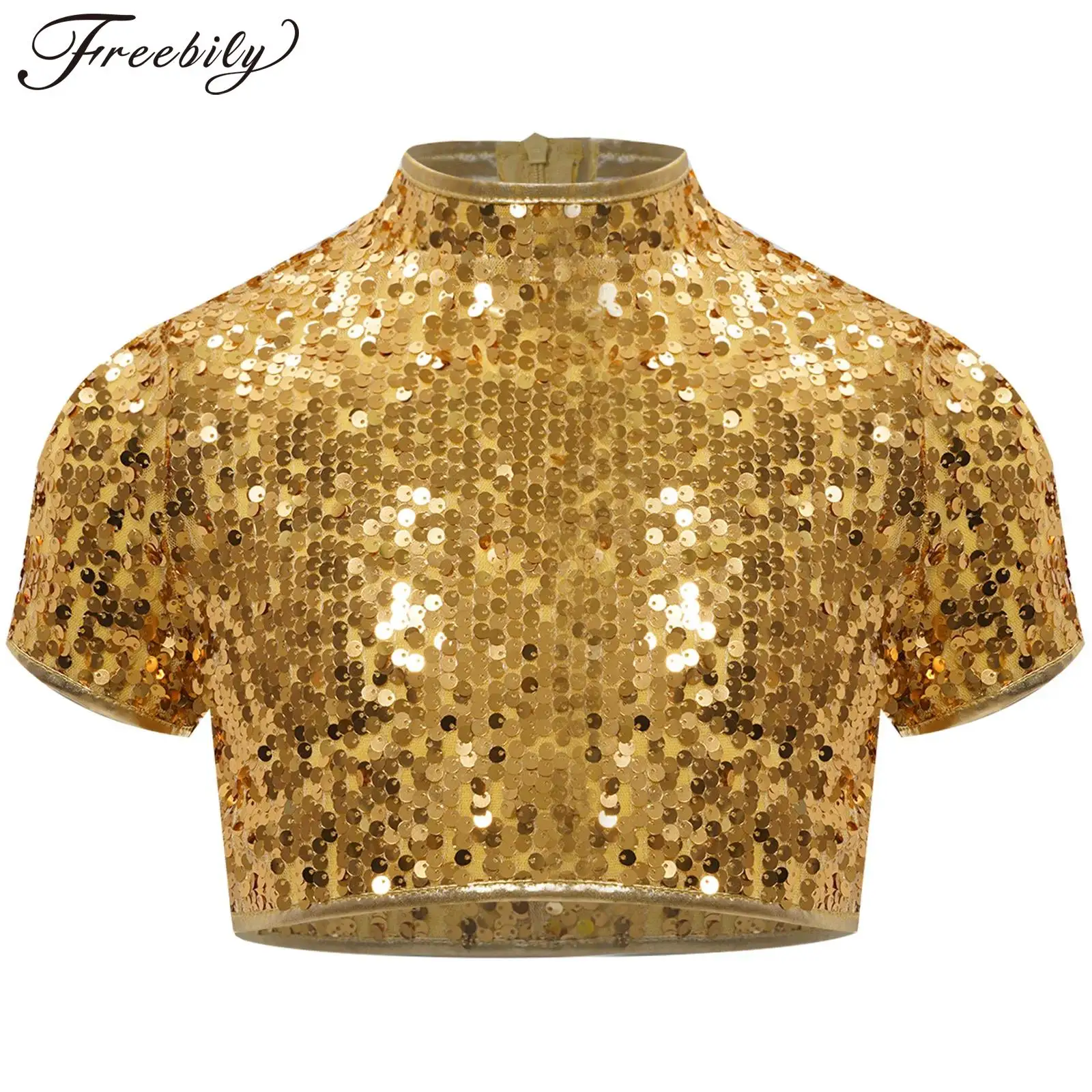 Kids Girls Hip Hop Jazz Street Dance Crop Top Cheerleading Performance Costume Short Sleeve Shiny Sequins Ultrashort T-shirt