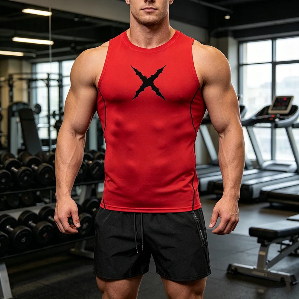 Conjunto de Roupas Esportivas Masculinas em 2 Peças Sem Mangas, Camiseta de Compressão e Calções de Secagem Rápida com Estampa Gótica X Thorns para Fi