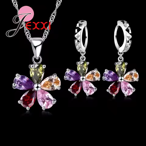 Shinning Flower Colorful CZ Crystal Pendant Jewelry Sets 925 Sterling Silver Pendant Necklace + Dangle/Hoop Earring Sets