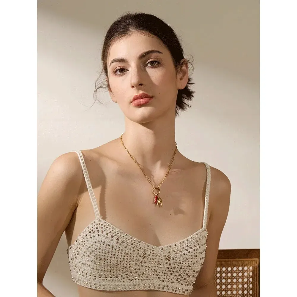 Red Chilly Gold Palm Heart Pendant Women Necklace Korean Chain Red Epoxy Silver Color Option Women Evening Party Jewelry
