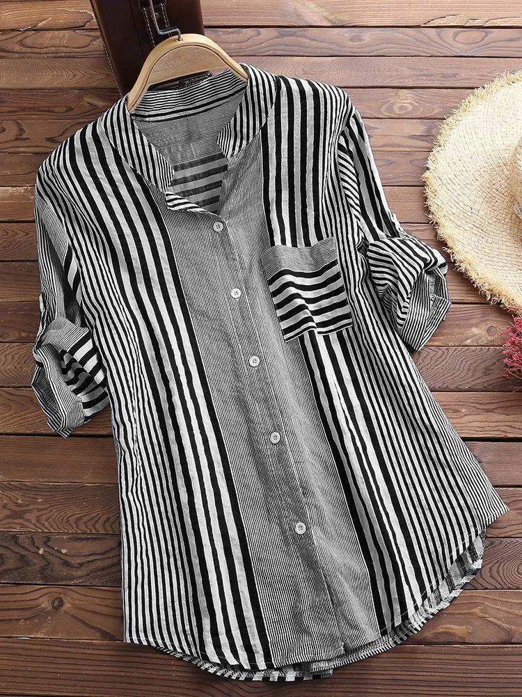 Women\'s Spring Fall Cotton Linen Long Sleeves Roll Up Striped Casual V Neck Button Down Shirts Blouses Collar Tunic Tops