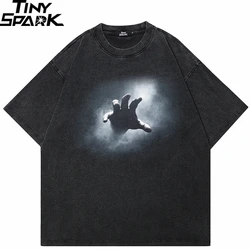 Hip Hop Streetwear Men T-Shirt Oversized Mysterious Hand Graphic T Shirt Retro Washed Black Tshirt Unisex Tops Tees Cotton