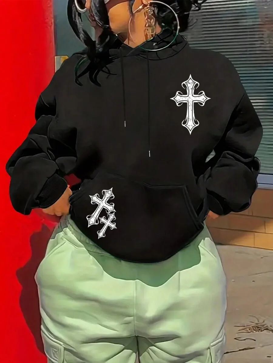 

Black Oversized Hoodie with Gothic Cross Print and Kangaroo Pocket