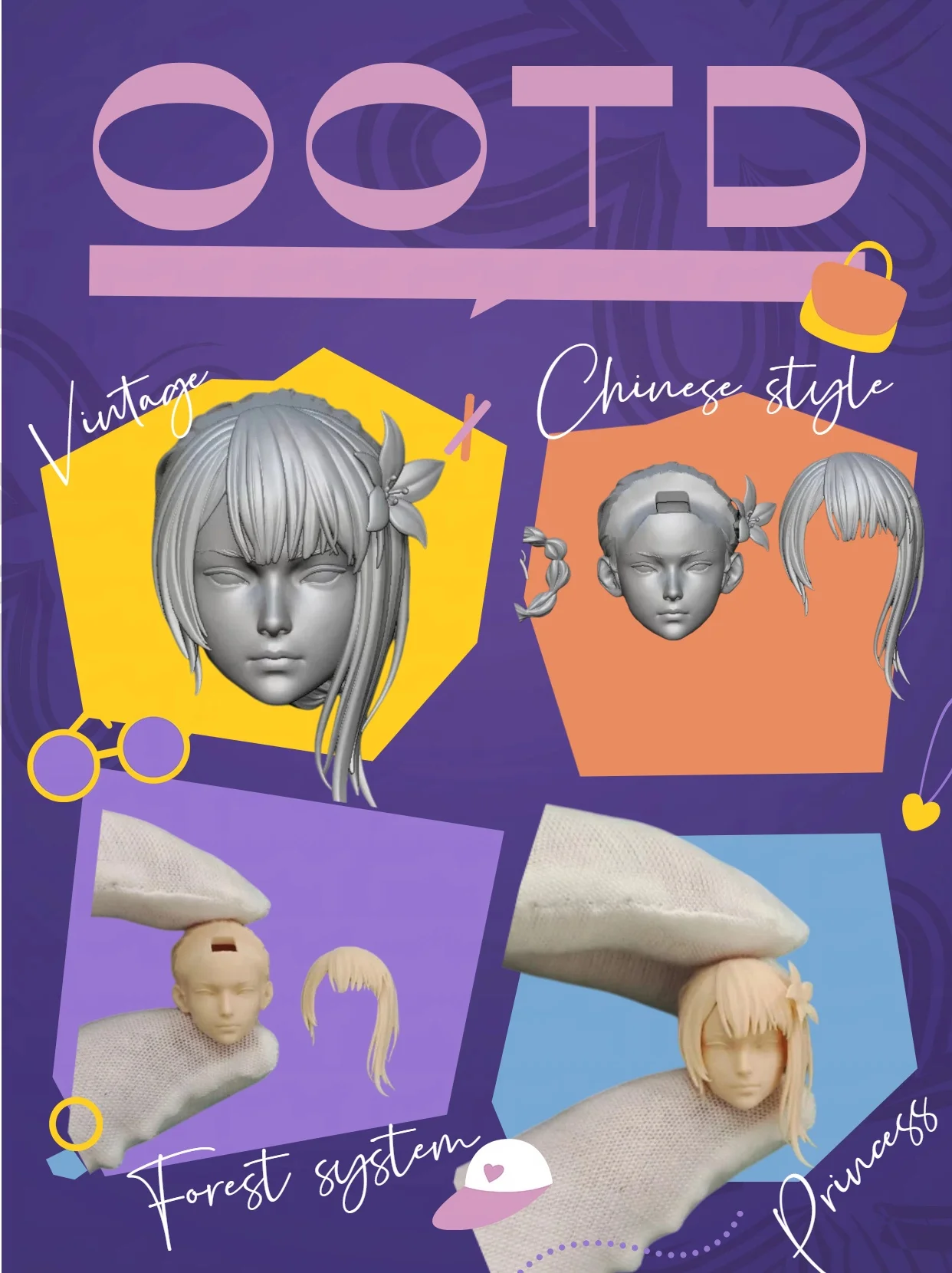 【未塗装】1-12スケール女性兵士象徴的な花柄ヘアアクセサリー絶妙なディテール白い頭部彫刻6インチアクションフィギュア用