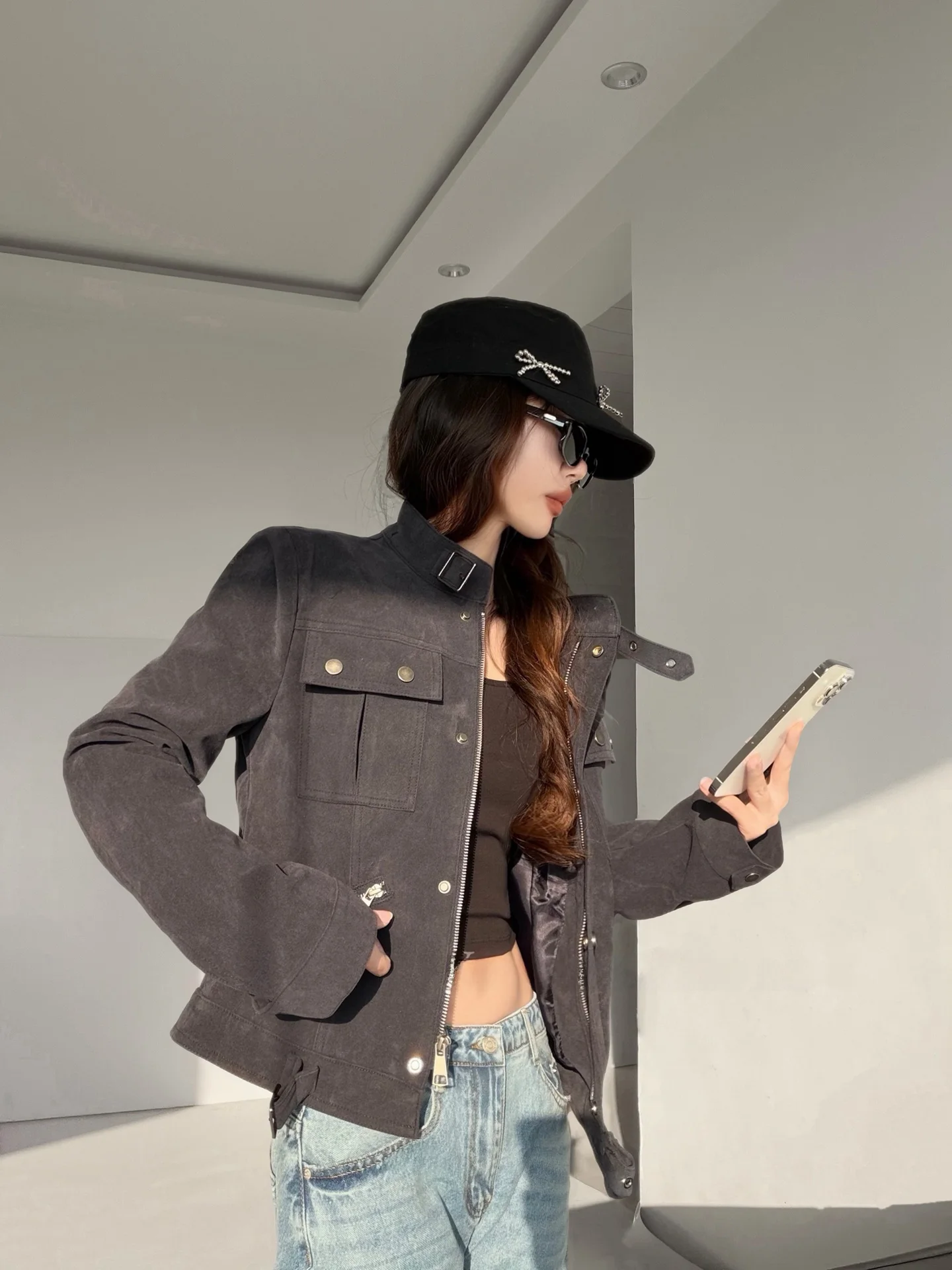 حار فتاة Sle الأمريكية الرجعية الجلد المدبوغ ort Jaet المرأة oulder طول السائق معطف زر إغلاق ort ملابس العمل الجلود J...