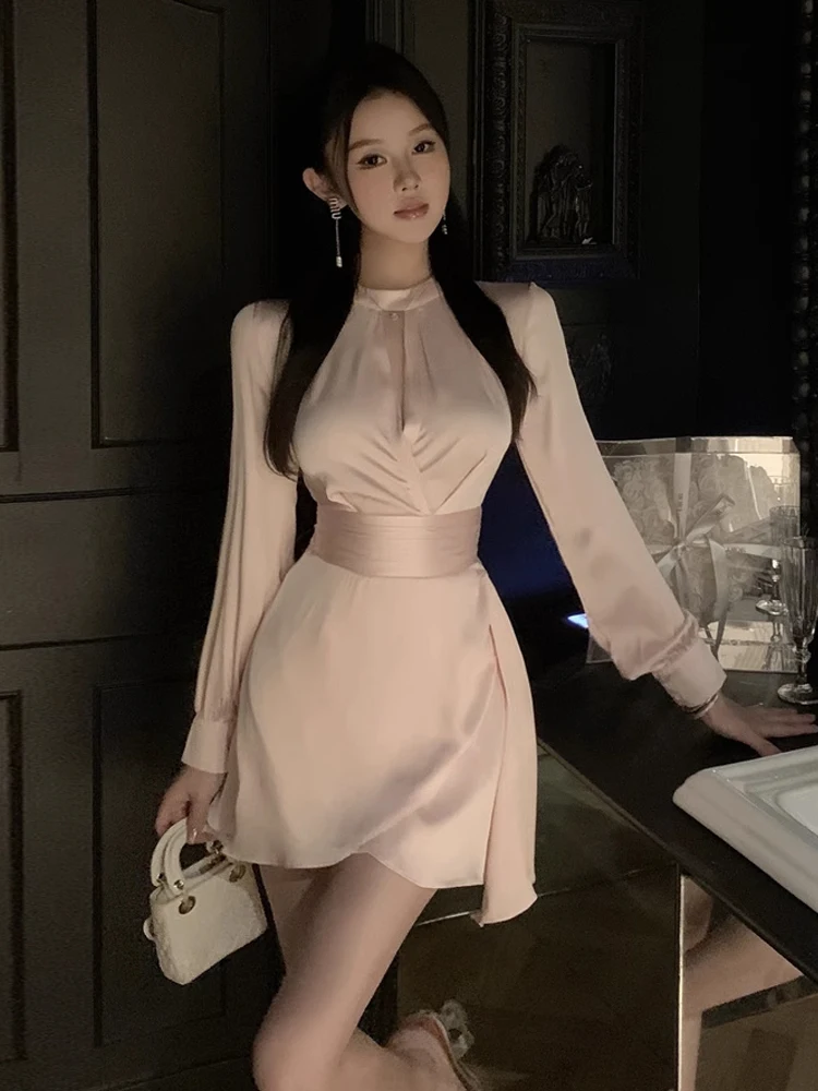 Ele Pink Long Sve round Ne Hollow out A-Line Dr Faionable Slimming White Enhancing Gentle Girl Pure Color Dr