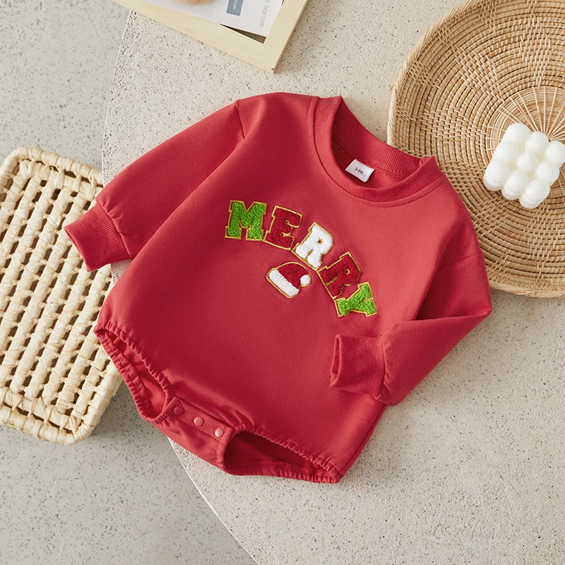 

Suefunskry Baby Girls Boys Christmas Jumpsuit Long Sleeve Crewneck Letter Embroidery Sweatshirt Romper