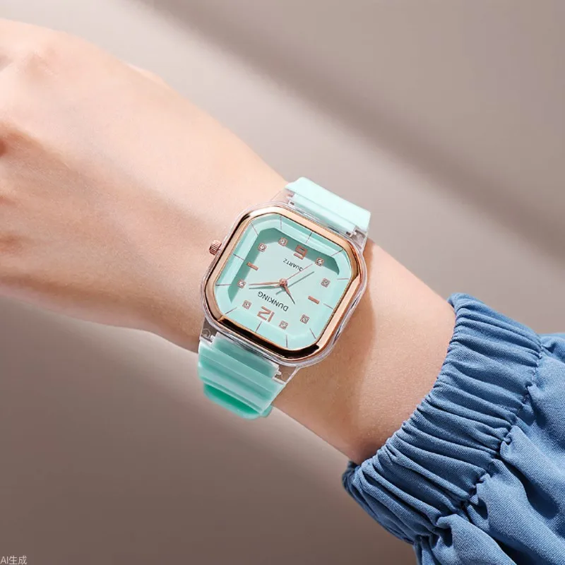 أزياء بسيطة المرأة ووتش سيليكون مربع الطلب الكبير متعدد الألوان حجر الراين الطلاب ساعة اليد هدية Reloj #1