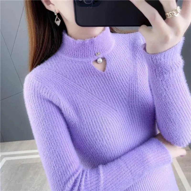 2023 New Fashion Half Turtleneck Sweater Autumn Winter Women\'s Long-sleeved Knitwear Solid Color Pullover Top Trending Sweater