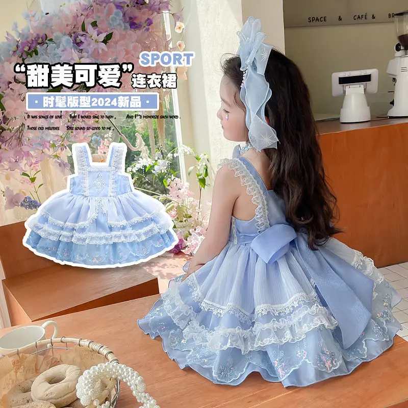 Baby Girl Summer Blue Sweet Lolita Lace Princess Ball Gown Cake Layed Lace Sundress Birthday Holiday Party Eid Child Clothing