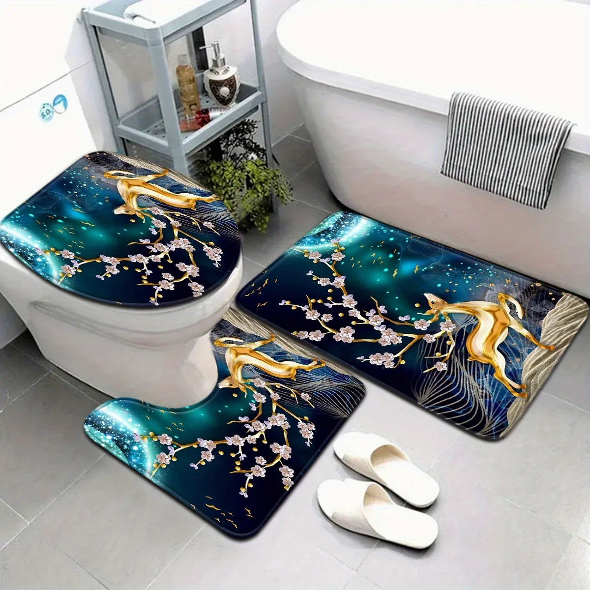 

Golden Deer Antlers Full Cherry Blossom Bathroom Set - Non slip Contour Mat,Toilet Lid,and Bath Mat,Suitable for Home Decoration