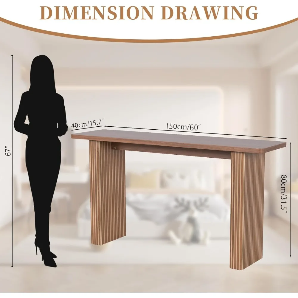 Fluted Long Console Table 60 Inch, Wood Entry Way Sofa Table Behind Couch, Mid Century Modern Narrow Entryway Table, Easy Assemb