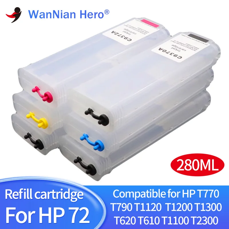 280ML 72 Refillable Ink Cartridge HP72 for HP Designjet T610 T620 T770 T790 T1100 T1120 T1200 T1300 T2300 Printer With ARC Chip