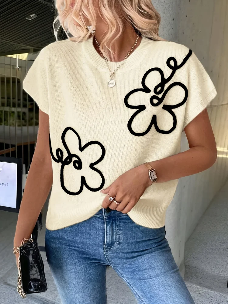 

Trendy Women's Sleeveless Knitted Sweater Vest Black Floral Decoration Crew Neck Loose Sweater for Spring Summer Casual Pullover