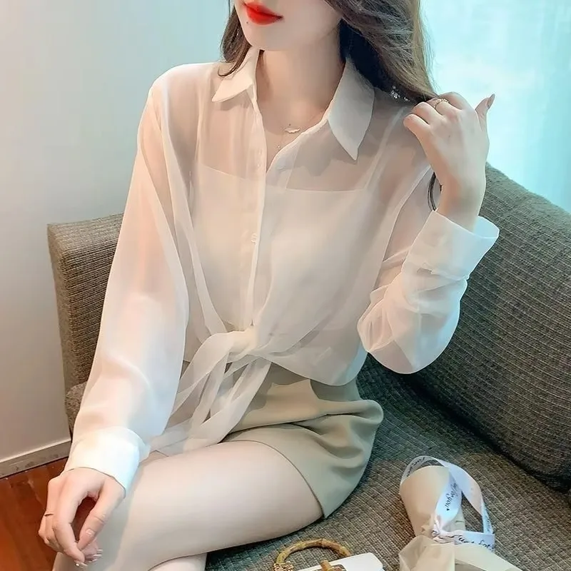 New Chiffon Sunscreen Shirt Female Thin Summer Loose Fashion Cardiga Lace Up Short Shawl Women Long Sleeve Sunscreen Clothing