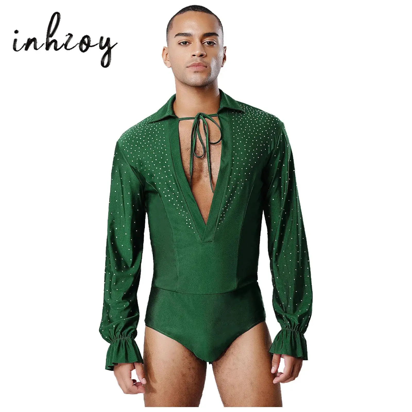 

Mens Latin Jazz Dance Leotard Deep V Neck Long Sleeve Glitter Rhinestones Open Crotch Bodysuit Dancewear for Ballet Prince Stage