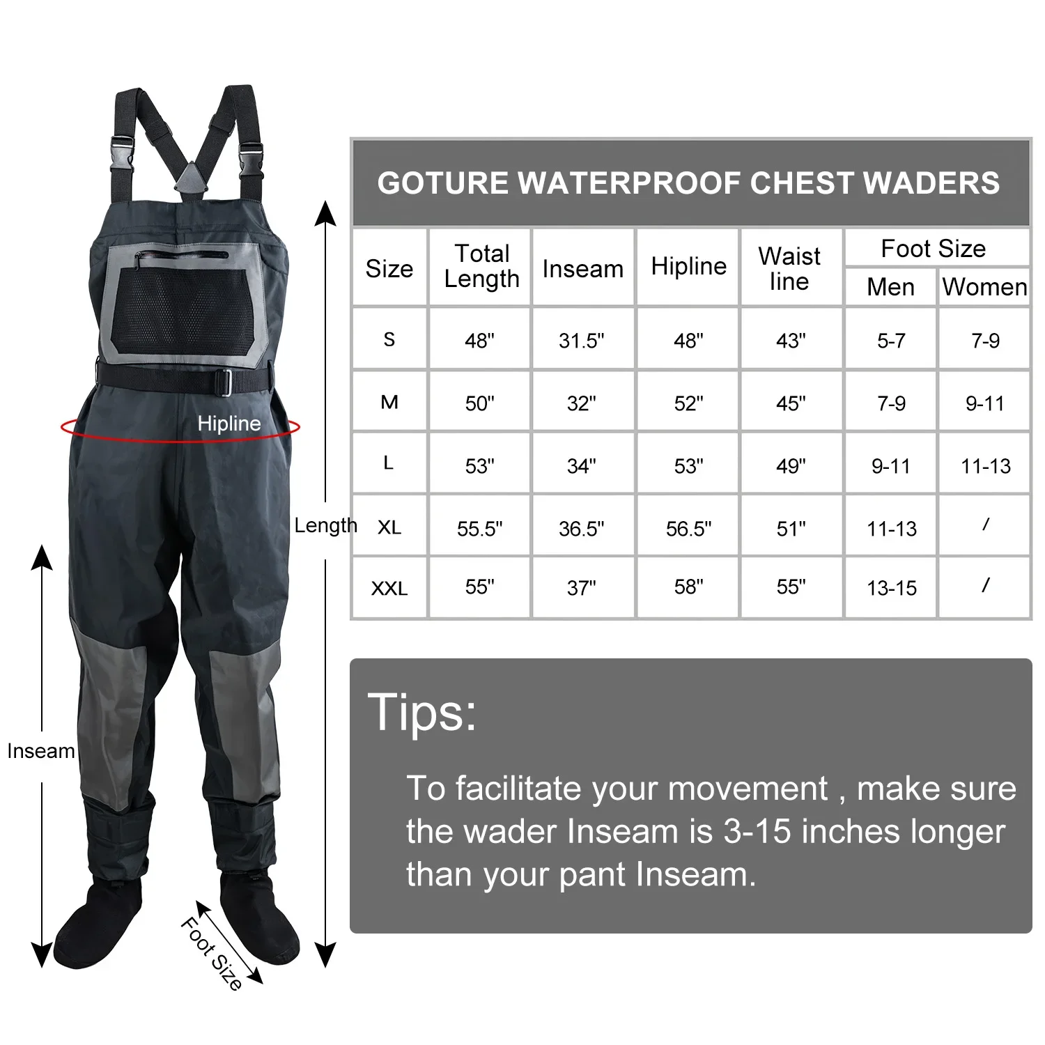 Goture-Durable Fly Fishing Waders para Homens e Mulheres, Pé Meia Respirável, Peito Wader, Confortável, S, M, L, XL, XXL Tamanho