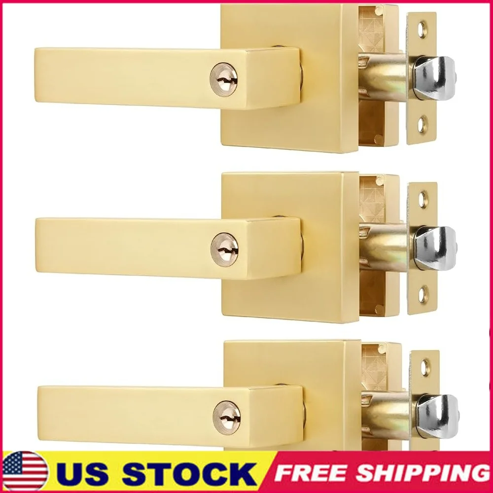 

3 Pack Keyed Alike Gold Square Door Handle Heavy Duty Door Knob with Lock and Universal Keys Interior Front Bedroom Bathroom