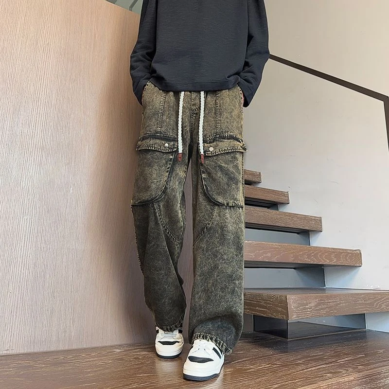 Men's Vintage Washed Tie Dye Jeans Casual Cargo Pants Retro Streetwear Loose Trousers