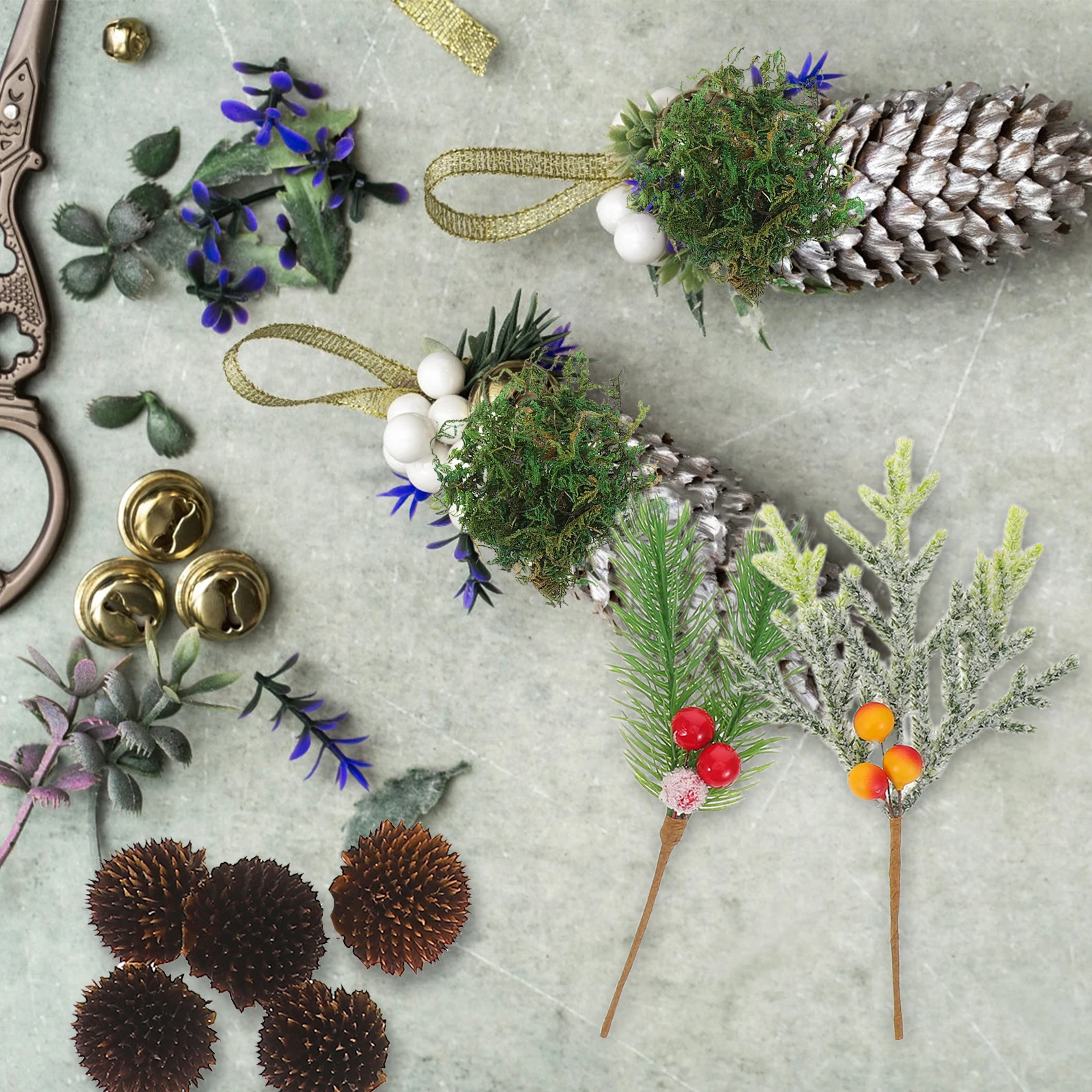 

12Pcs Christmas Picks Frosted Artificial Pine Needles Branches Red Berry Stems Mini Pine Cones Wreath Making Christmas Home