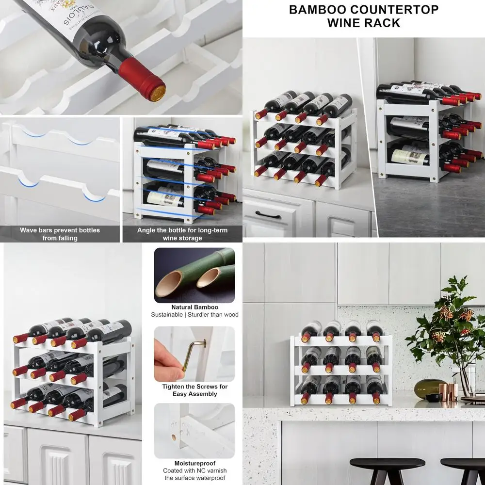 

Прочная трехъярусная бамбуковая винная полка для кухни, вмещает 12 бутылок, белая столешница для хранения